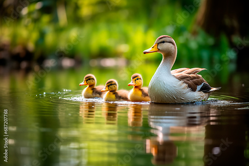 A serene family of ducks glides across a calm pond  creating a perfect mirrored reflection on the water s surface.