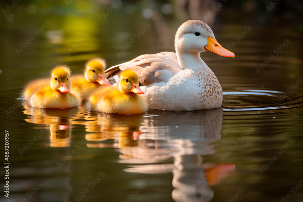 A serene family of ducks glides across a calm pond, creating a perfect mirrored reflection on the water's surface. A serene family of ducks glides across a calm pond, creating a perfect mirrored reflection on the water's surface.