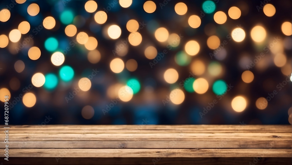 Empty wooden table top with defocused bokeh Christmas Fair lights background