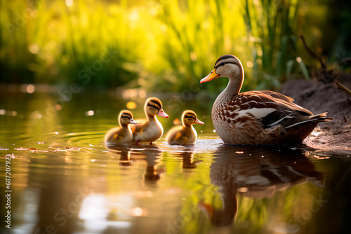A serene family of ducks glides across a calm pond, creating a perfect mirrored reflection on the water's surface.
