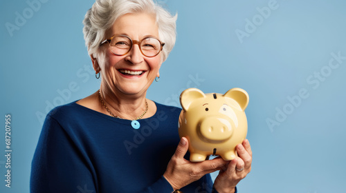 Cheerful senior woman holding a piggy bank, symbolizing savings and financial security in retirement.