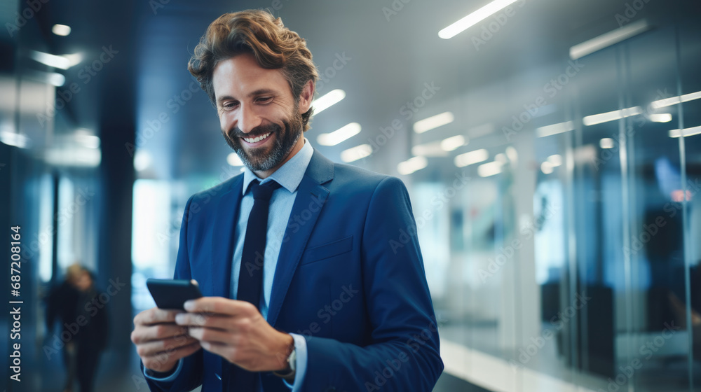 Smiling man in a business suit is looking at his smartphone against office background Smiling man in a business suit is looking at his smartphone against office background