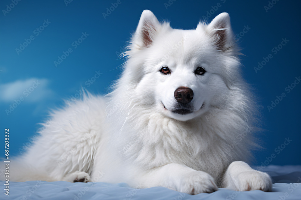 Samoyed husky on a blue background. dog, pet, animal.