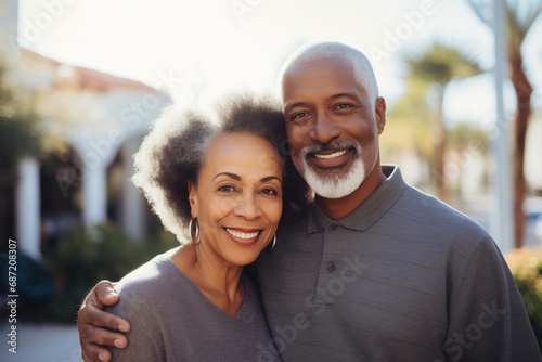 Black Mature Couple Smiling and Hugging in Front of Theit House, Man and Woman Embracing Love and Expressing Affection. Senior Citizens. Healthy Aging. photo