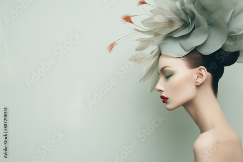 Close-Up Profile Portrait of a Stylish Brunette in a Green Facinator and Red Lips: Fashionable Studio Concept Photo. photo