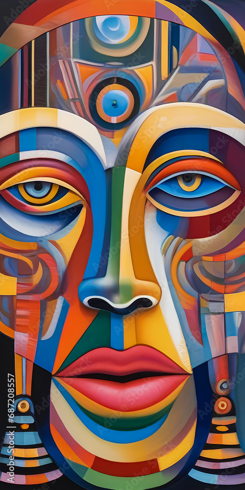 Geometric Woman in Vibrant Colors, Abstract Head with Shapes, Colorful Circles and Triangles Portrait, Modern Artistic Female Portrait, Mosaic of Shapes Woman's Head. Geometric Woman in Vibrant Colors, Abstract Head with Shapes, Colorful Circles and Triangles Portrait, Modern Artistic Female Portrait, Mosaic of Shapes Woman's Head.