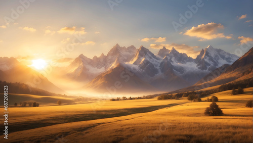 A golden hour landscape with majestic mountains, peaceful scene