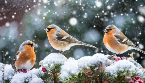 Garden birds on a feeding hous, garden birds eating in the snow © LDC