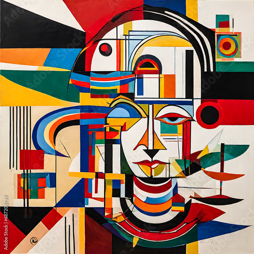 Geometric Woman in Vibrant Colors, Abstract Head with Shapes, Colorful Circles and Triangles Portrait, Modern Artistic Female Portrait, Mosaic of Shapes Woman's Head.