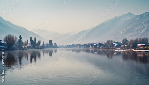 Beautiful view of the lake and mountains in the morning. Generative AI