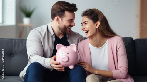 Smiling couple sitting on a sofa, holding a pink piggy bank together, symbolizing financial planning and savings in a domestic setting.