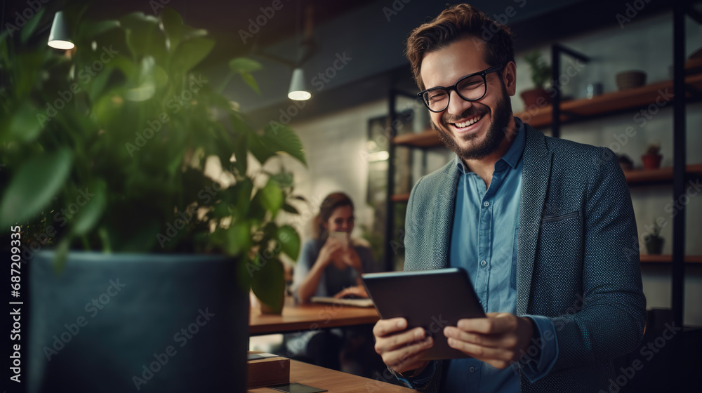 Confident man with blonde hair and a casual business suit is holding a tablet and smiling against office background - obrazy, fototapety, plakaty 