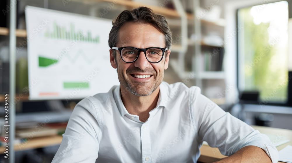 Smiling man wearing glasses, sitting in an office with charts and graphs in the background. Smiling man wearing glasses, sitting in an office with charts and graphs in the background.