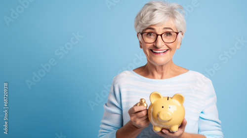 Cheerful senior woman holding a piggy bank, symbolizing savings and financial security in retirement.