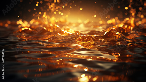 Golden waves. Dark golden theme background with golden liquid and reflection