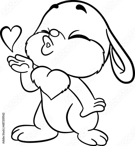 Rabbit Sends a Kiss for Coloring Page. Symbol of Love. Vector Illustration of Cartoon Character for Valentines Day