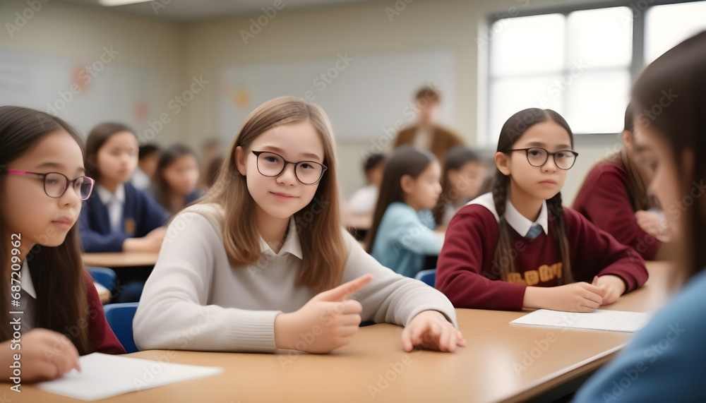 Education, elementary school, learning and people concept - group of school kids with teacher in classroom. Generative AI Education, elementary school, learning and people concept - group of school kids with teacher in classroom. Generative AI
