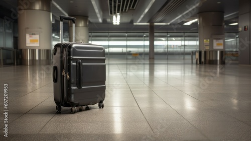 black suitcase in an empty airport hall, traveler cases in the departure airport terminal waiting for the area, vacation concept, blank space for text message or design