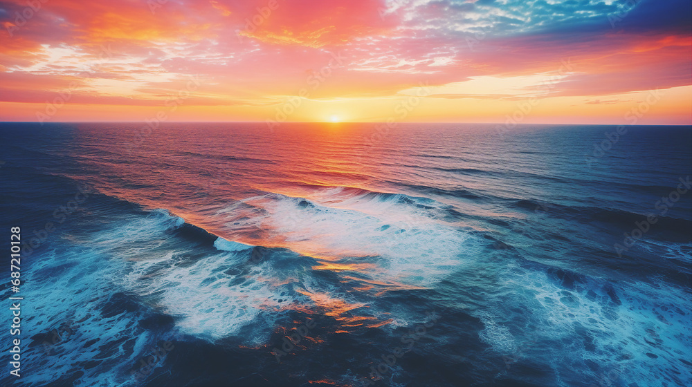 Aerial View of Coastal Sunset with Vibrant Colors Background