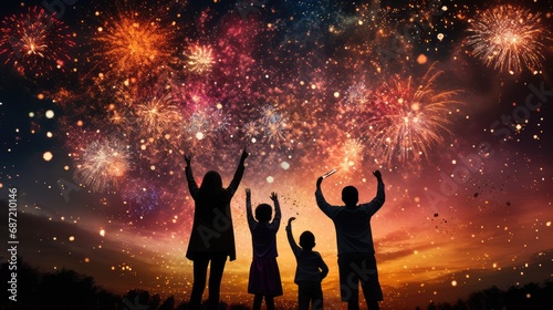 Happy people looking up to the sky with firework in new year 2024 night celebrate happy new year festival 2024 comeliness.