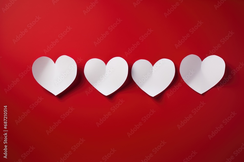 A row of paper hearts on a red background A row of paper hearts on a red background