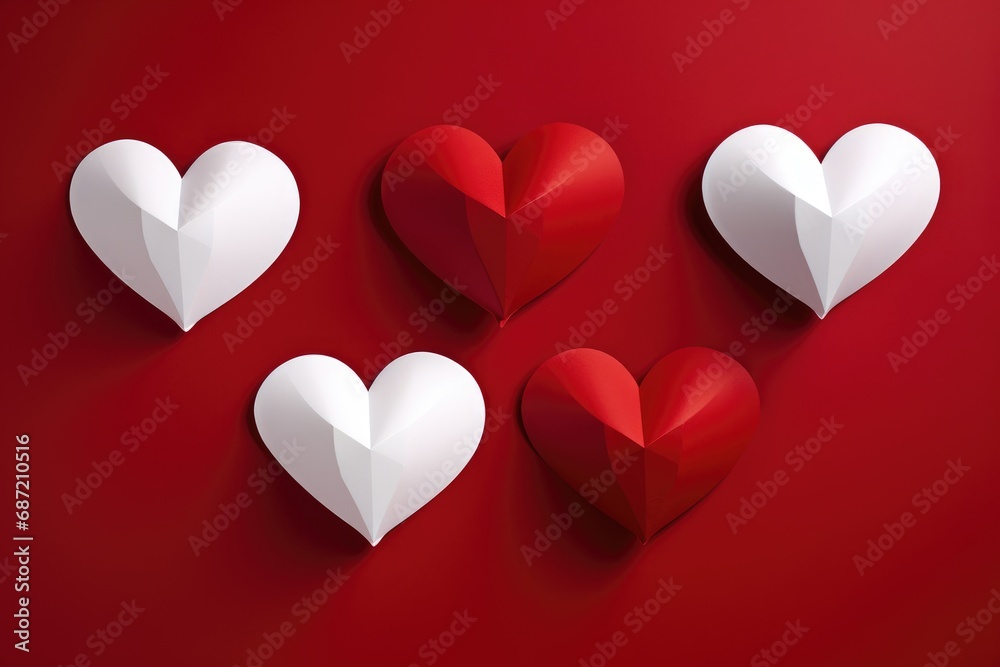A group of paper hearts on a red background