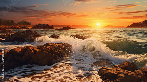 Seashore with Rocks and Waves During the Golden Hour Background