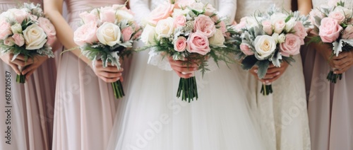 A group of bridesmaids holding bouquets of flowers photo
