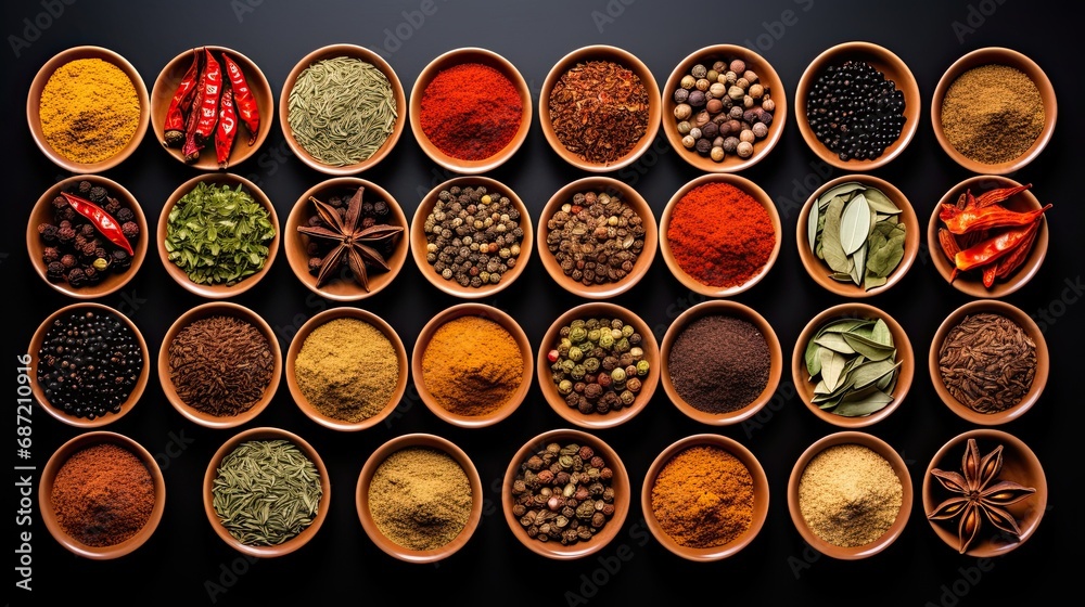 Set of various spices in small bowls, top view. Set of various spices in small bowls, top view.