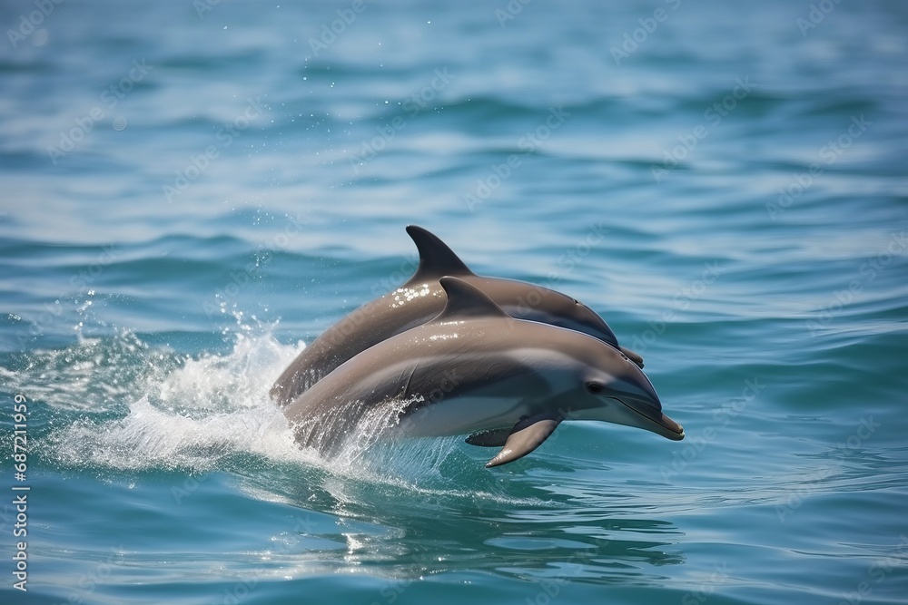 Naklejka premium Dolphins leaping from the sea or ocean, displaying their playful and energetic nature. Joyful and acrobatic behavior of these intelligent marine mammals in their natural habitat.