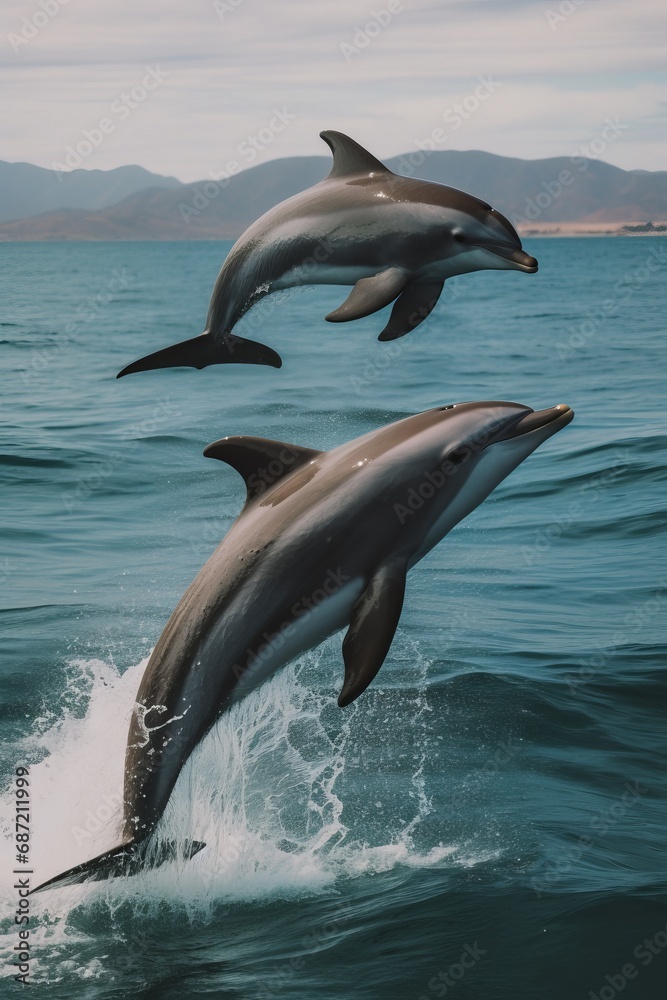 Fototapeta premium Dolphins leaping from the sea or ocean, displaying their playful and energetic nature. Joyful and acrobatic behavior of these intelligent marine mammals in their natural habitat.