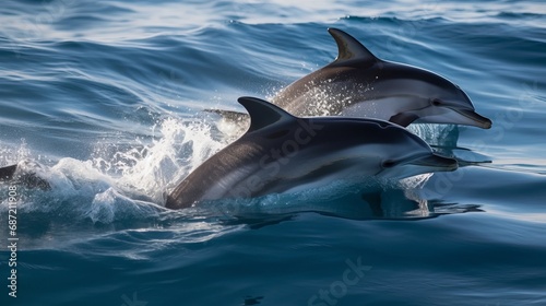 Dolphins leaping from the sea or ocean, displaying their playful and energetic nature. Joyful and acrobatic behavior of these intelligent marine mammals in their natural habitat. © Ilia
