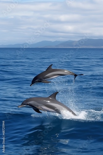 Dolphins leaping from the sea or ocean, displaying their playful and energetic nature. Joyful and acrobatic behavior of these intelligent marine mammals in their natural habitat. © Ilia