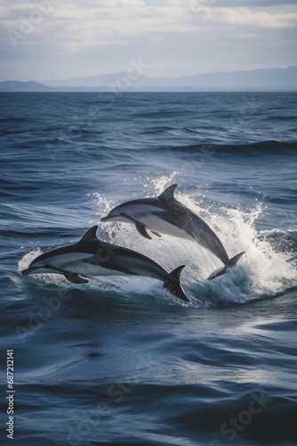Dolphins leaping from the sea or ocean  displaying their playful and energetic nature. Joyful and acrobatic behavior of these intelligent marine mammals in their natural habitat.