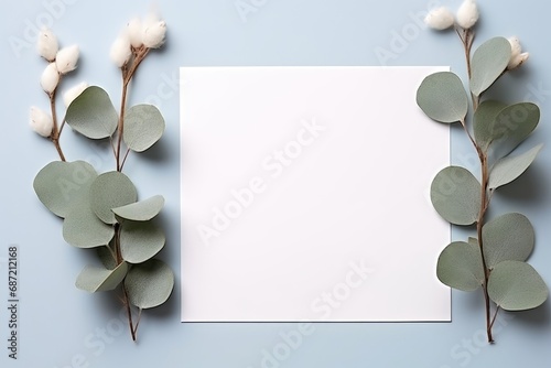 A blank paper with eucalyptus leaves on a blue background