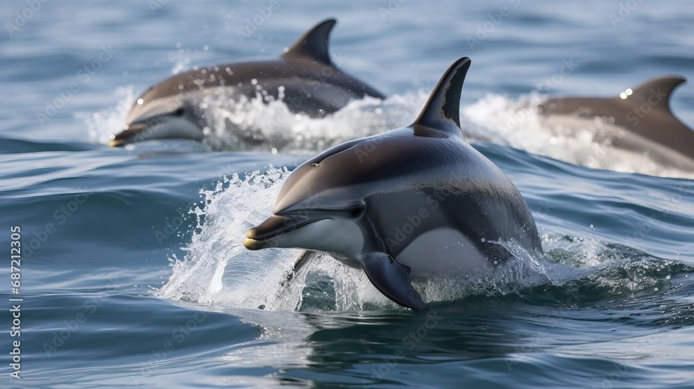 Fototapeta premium Dolphins leaping from the sea or ocean, displaying their playful and energetic nature. Joyful and acrobatic behavior of these intelligent marine mammals in their natural habitat.