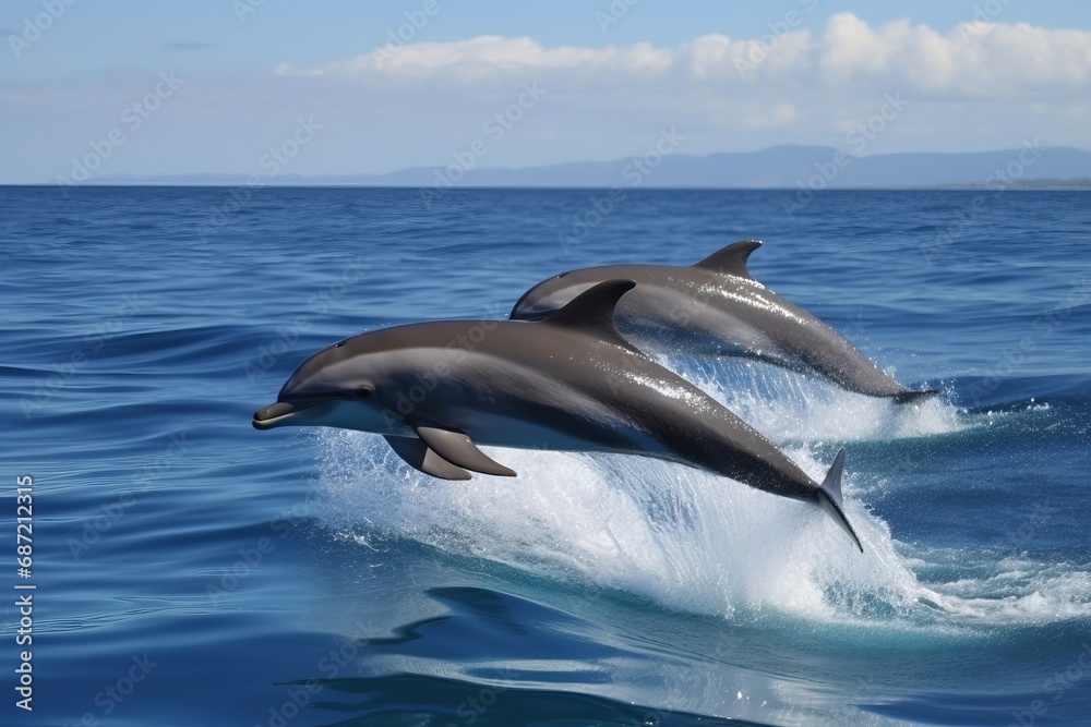 Fototapeta premium Dolphins leaping from the sea or ocean, displaying their playful and energetic nature. Joyful and acrobatic behavior of these intelligent marine mammals in their natural habitat.