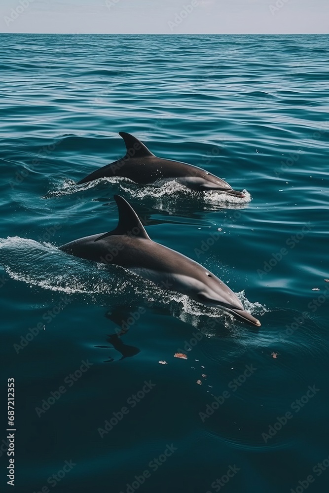 Obraz premium Dolphins leaping from the sea or ocean, displaying their playful and energetic nature. Joyful and acrobatic behavior of these intelligent marine mammals in their natural habitat.