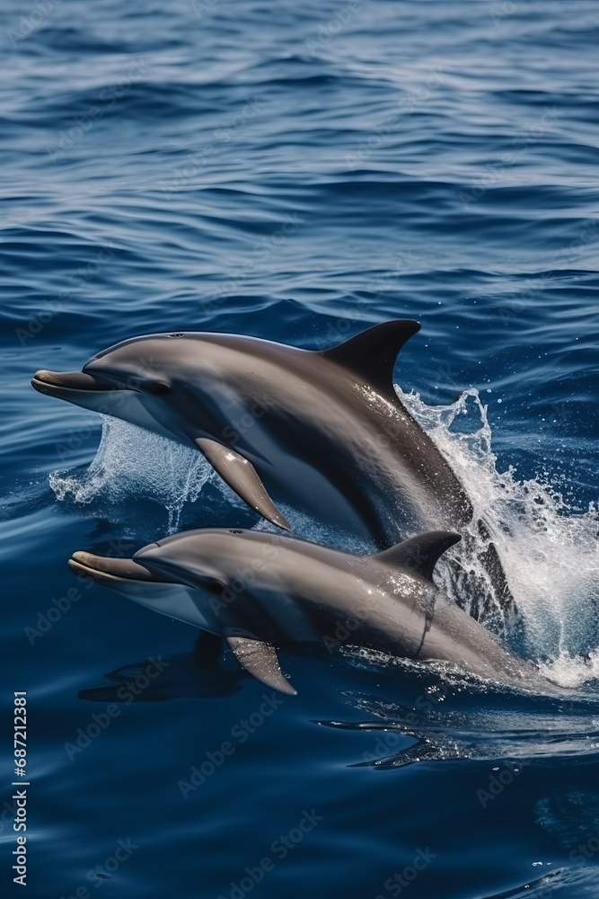 Fototapeta premium Dolphins leaping from the sea or ocean, displaying their playful and energetic nature. Joyful and acrobatic behavior of these intelligent marine mammals in their natural habitat.