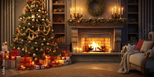 Interior of decorated living room with Christmas tree and comfortable sofa for family comeliness © Summit Art Creations