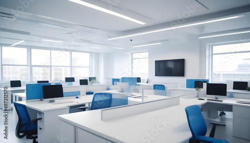 Modern open space office with white walls, rows of white computer tables and blue chairs. Generative AI
