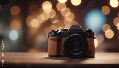 Retro camera on wooden table with bokeh lights background. Generative AI