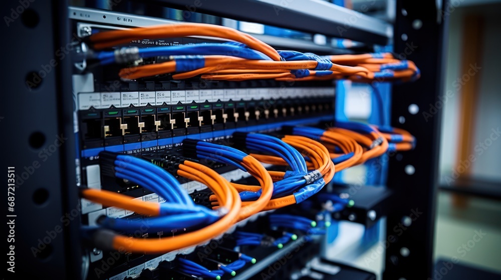 Closeup Of A Server Network Panel with Lights and Cables Closeup Of A Server Network Panel with Lights and Cables