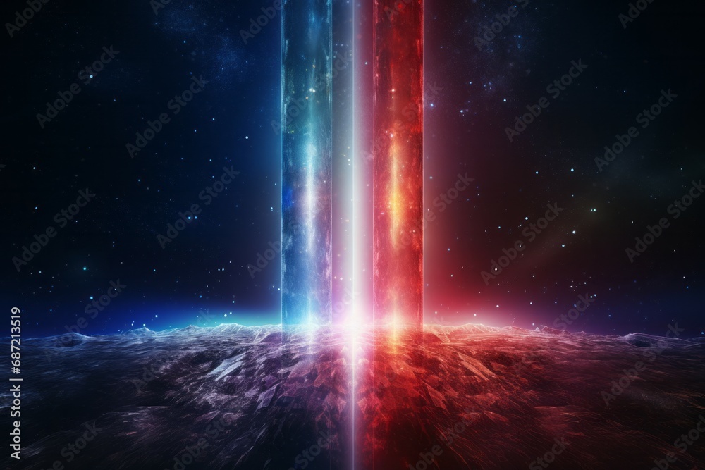 abstract red blue neon background. Glowing linear volumetric cube in the middle of the city street, under the starry night sky. Digital futuristic wallpaper - obrazy, fototapety, plakaty 