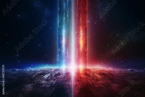 abstract red blue neon background. Glowing linear volumetric cube in the middle of the city street  under the starry night sky. Digital futuristic wallpaper