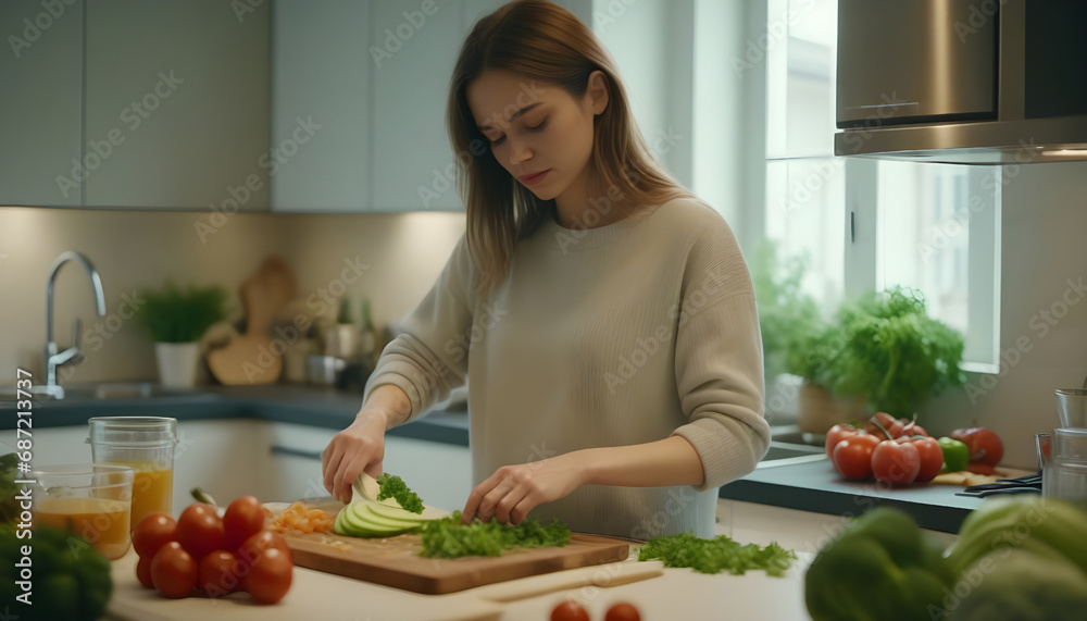 Young woman cooking in the kitchen at home. Healthy food. Generative AI Young woman cooking in the kitchen at home. Healthy food. Generative AI
