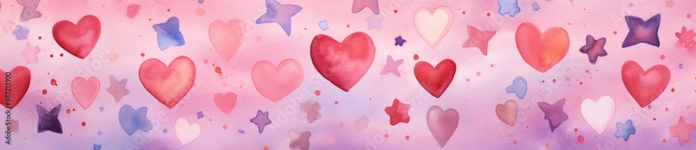 A painting of many hearts on a pink background