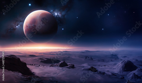 illustrazione di tramonto su un mondo alieno, grande luna sullo sfondo photo