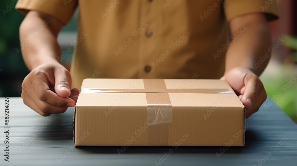 Delivers man holding box ready to give to customer Delivers man holding box ready to give to customer
