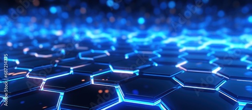 Abstract rendering 3d bright glowing blue hexagonal network pattern digital hi tech background.